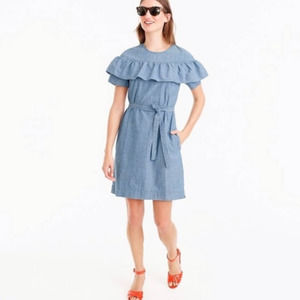 J. Crew Women’s Edie Ruffle Tie Dress In Chambray Blue Size 12